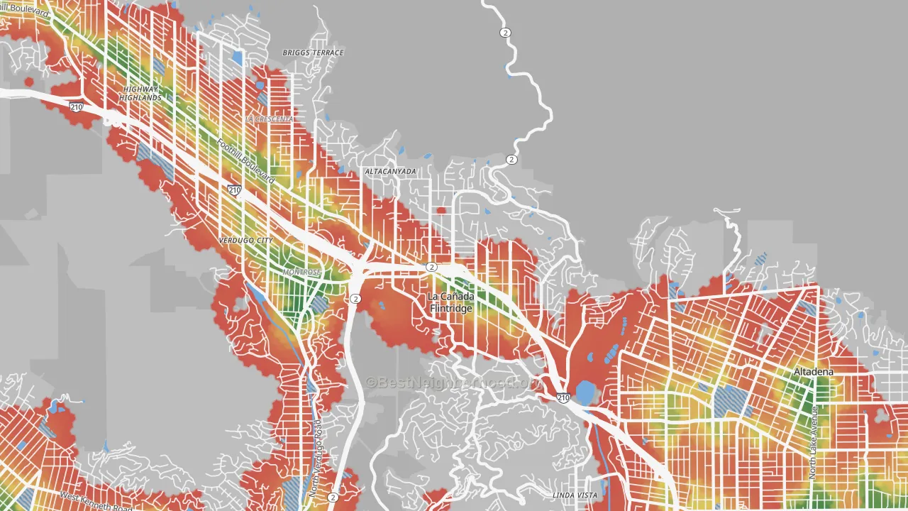 Walk Grade map of La Canada Flintridge, CA, walkable areas in green and car-dependent areas in red
