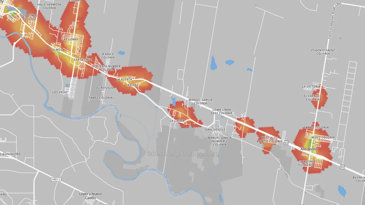 Walk Grade map of La Casita, TX, walkable areas in green and car-dependent areas in red