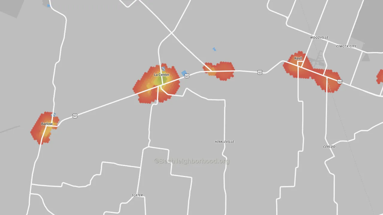 Walk Grade map of La Center, KY, walkable areas in green and car-dependent areas in red