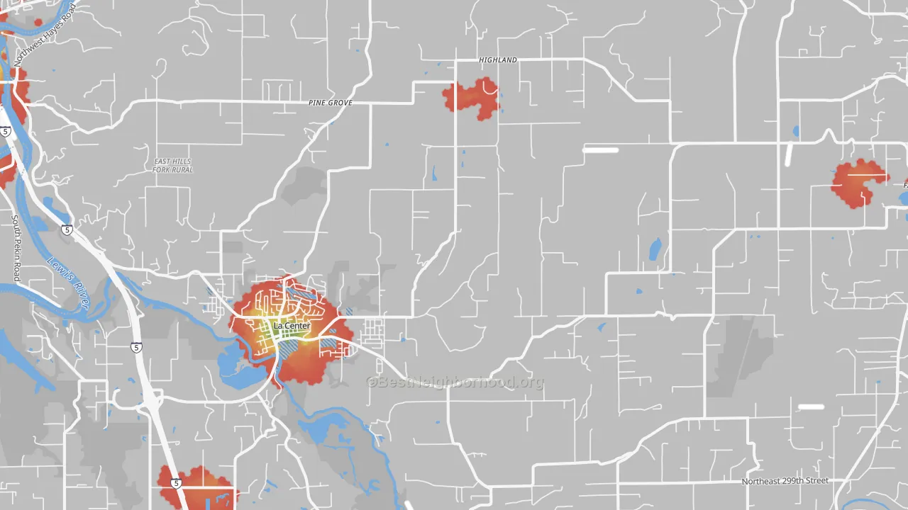 Walk Grade map of La Center, WA, walkable areas in green and car-dependent areas in red