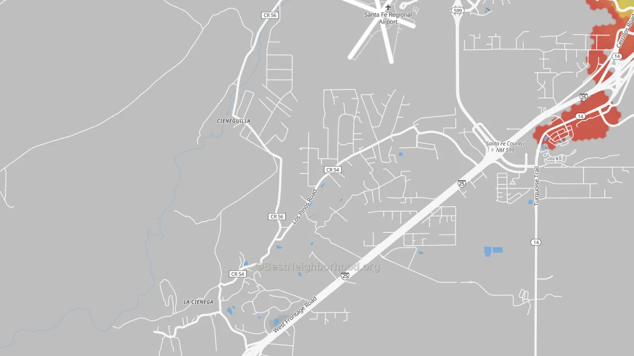 Walk Grade map of La Cienega, NM, walkable areas in green and car-dependent areas in red