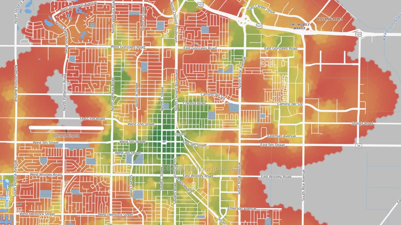 Walk Grade map of La Colonia, Oxnard, CA, walkable areas in green and car-dependent areas in red