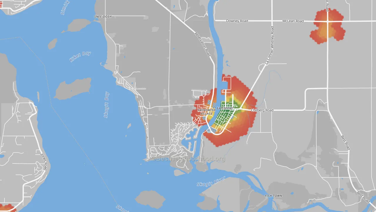 Walk Grade map of La Conner, WA, walkable areas in green and car-dependent areas in red
