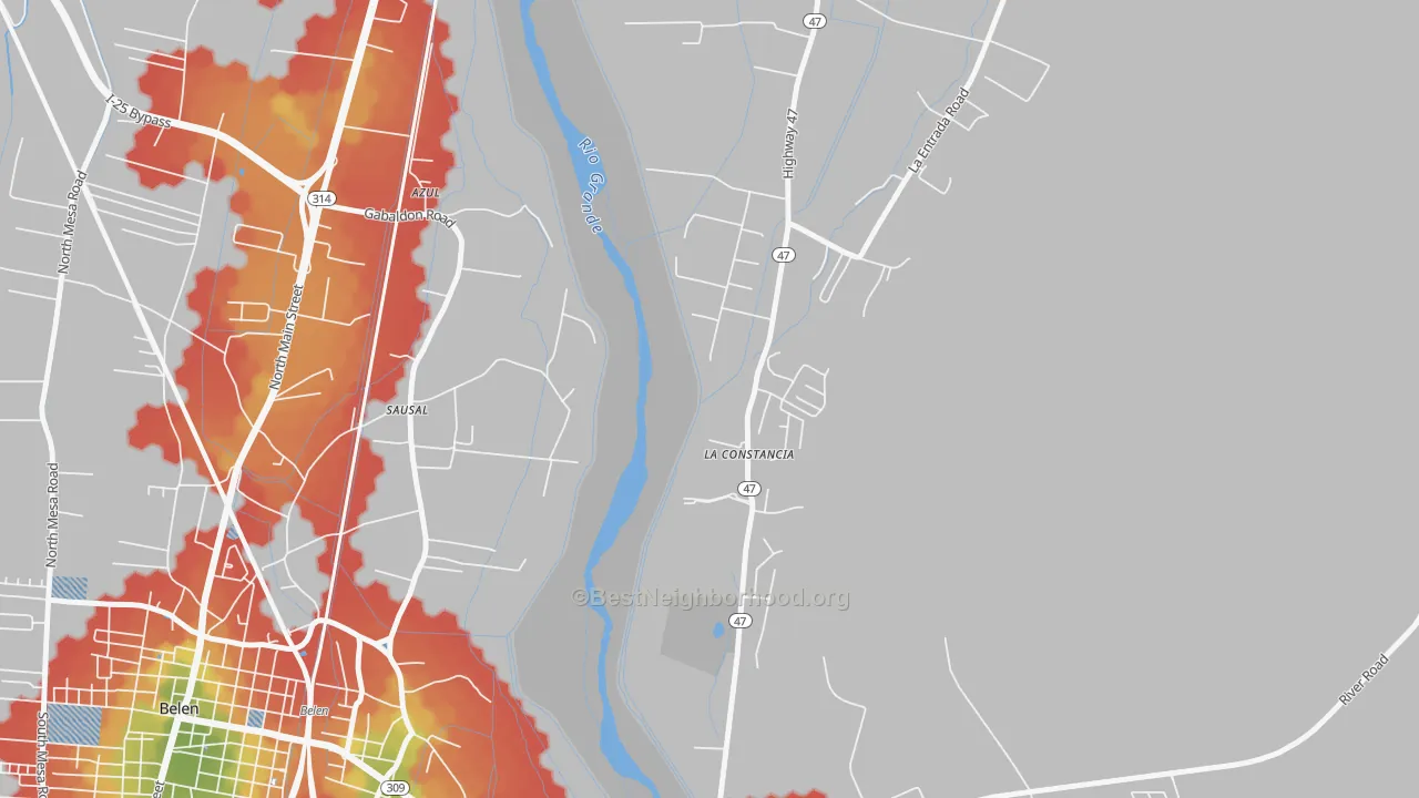 Walk Grade map of La Constancia, NM, walkable areas in green and car-dependent areas in red