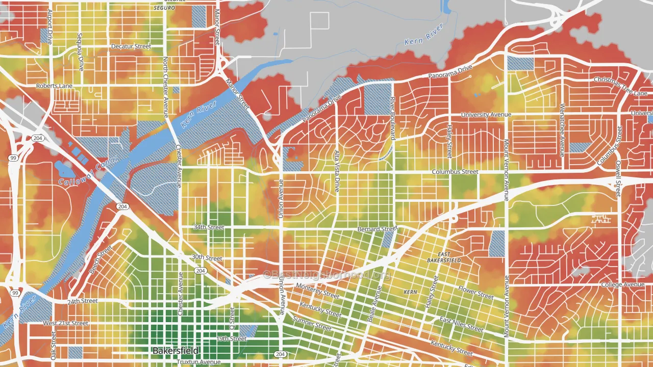 Walk Grade map of La Cresta-Alta Vista, Bakersfield, CA, walkable areas in green and car-dependent areas in red