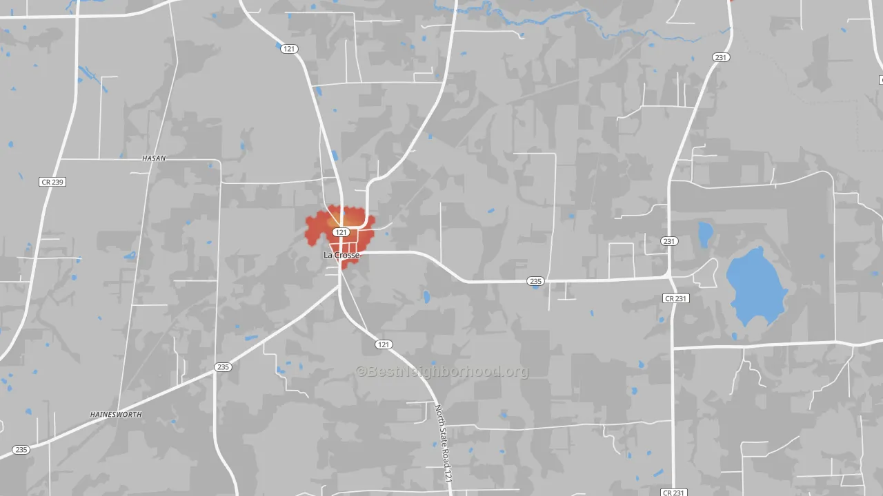 Walk Grade map of La Crosse, FL, walkable areas in green and car-dependent areas in red