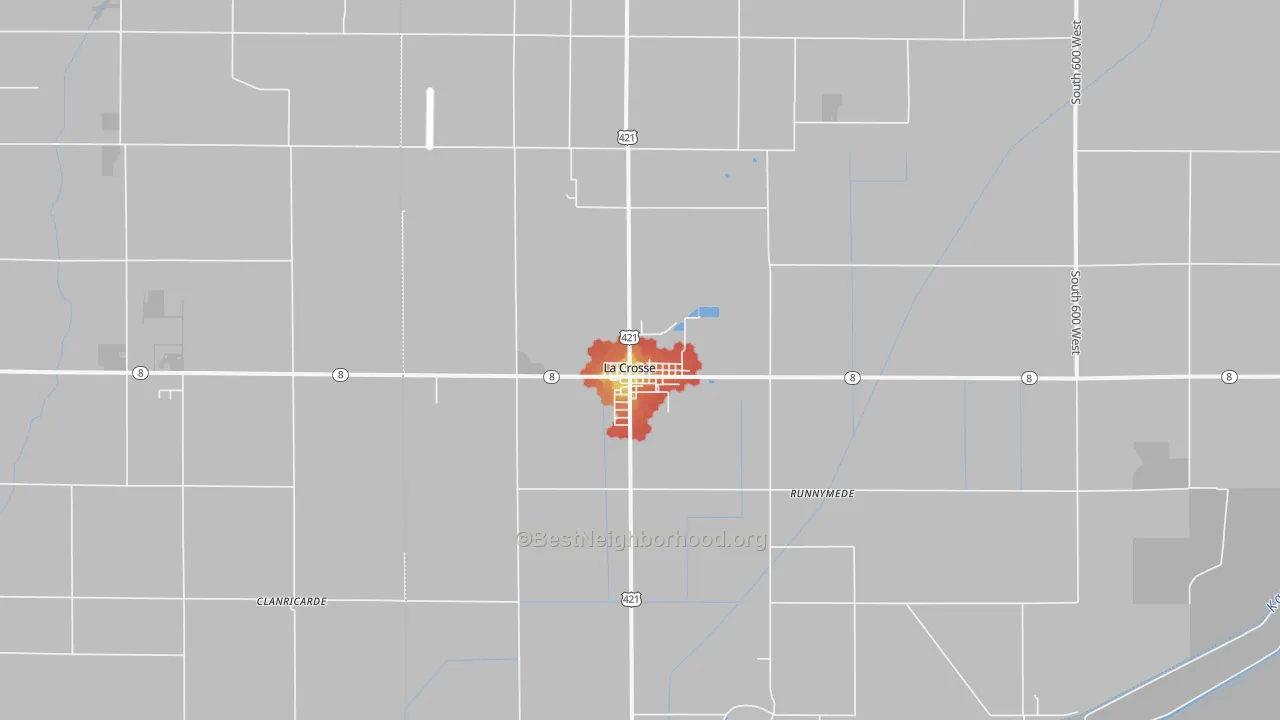 Walk Grade map of La Crosse, IN, walkable areas in green and car-dependent areas in red