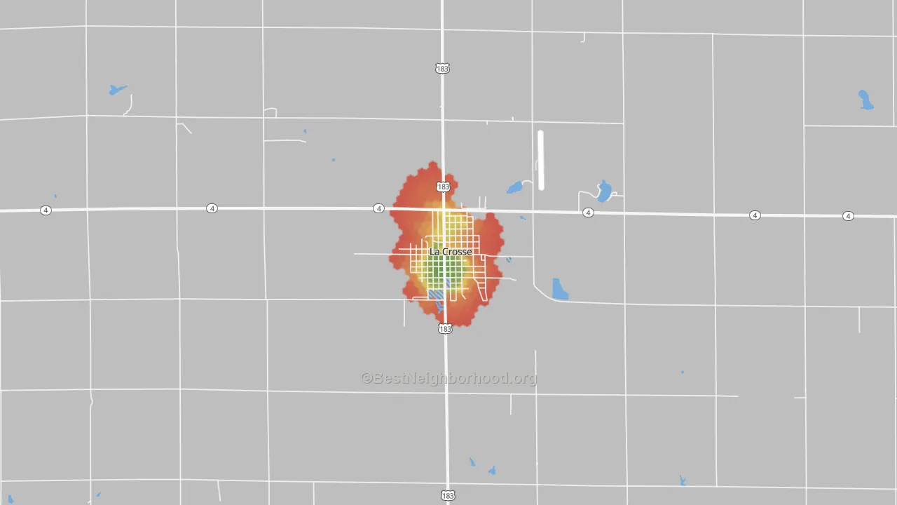 Walk Grade map of La Crosse, KS, walkable areas in green and car-dependent areas in red