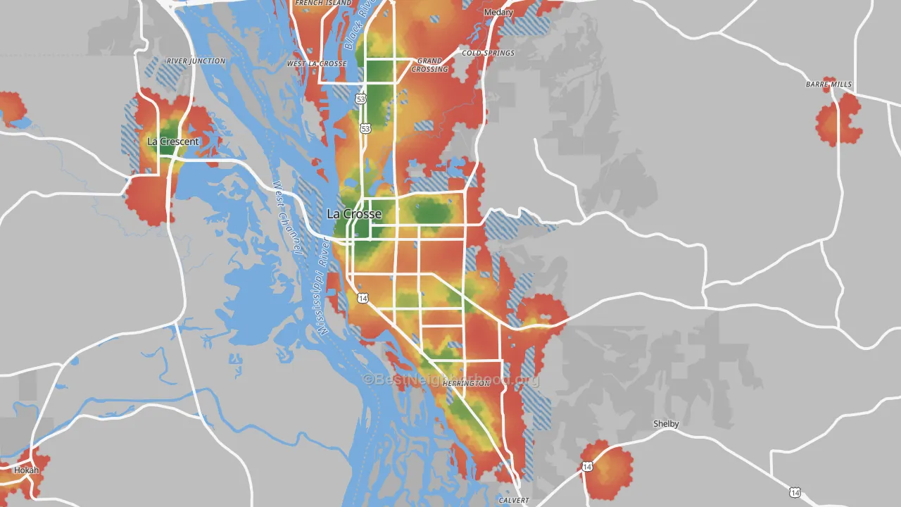 Walk Grade map of La Crosse, WI, walkable areas in green and car-dependent areas in red