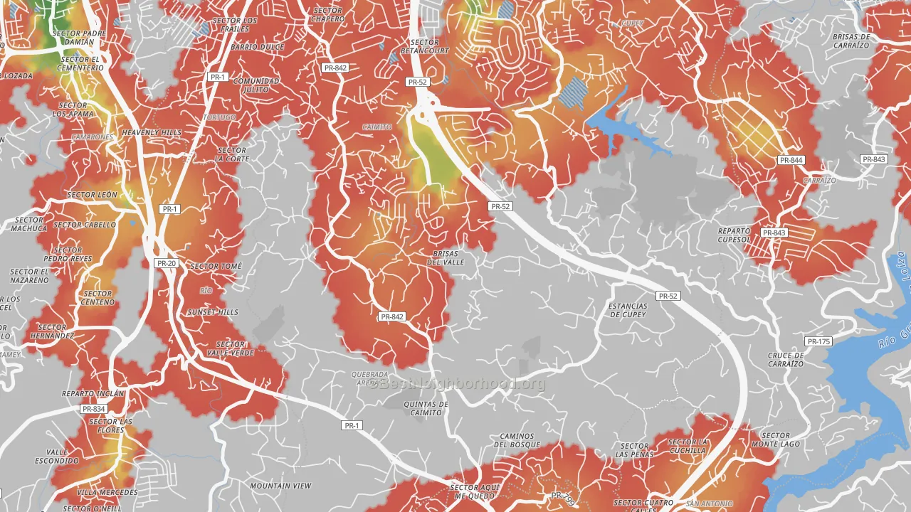 Walk Grade map of La Cumbre, PR, walkable areas in green and car-dependent areas in red