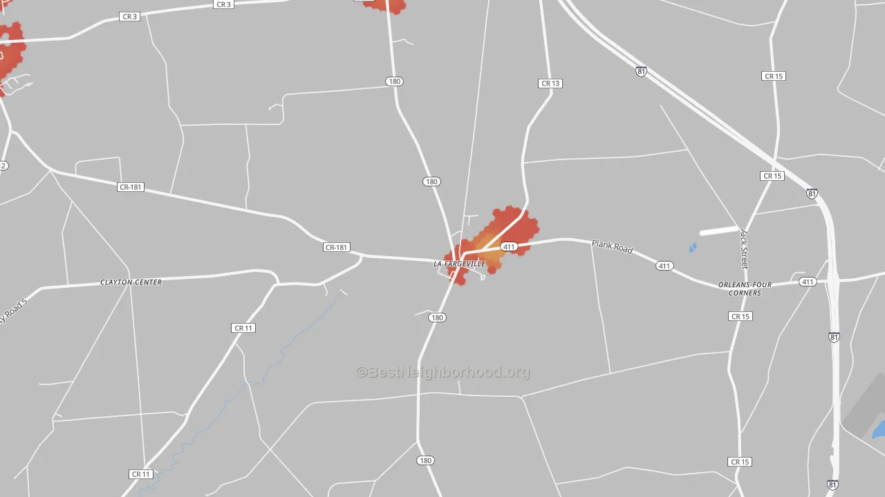 Walk Grade map of La Fargeville, NY, walkable areas in green and car-dependent areas in red