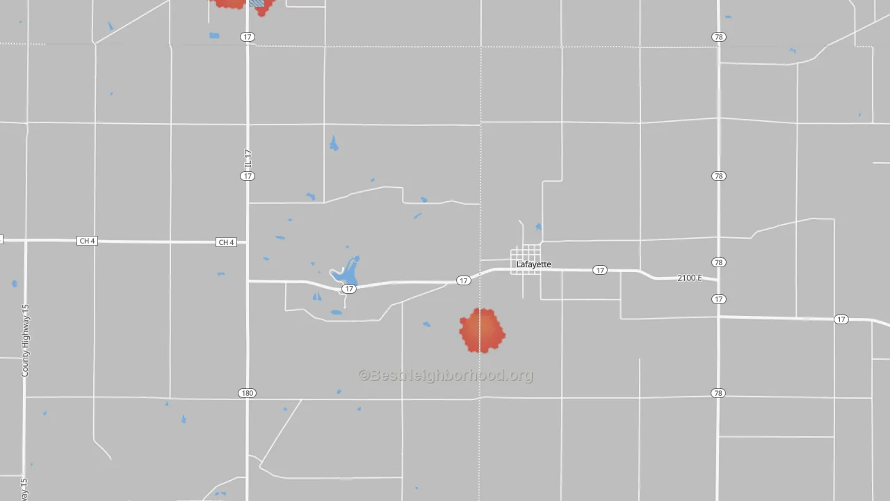 Walk Grade map of La Fayette, IL, walkable areas in green and car-dependent areas in red