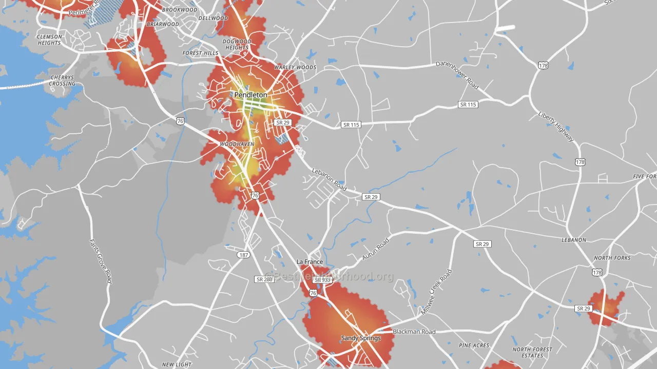 Walk Grade map of La France, SC, walkable areas in green and car-dependent areas in red