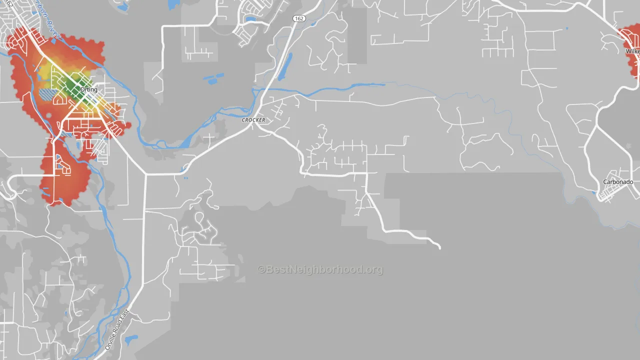 Walk Grade map of La Grande, WA, walkable areas in green and car-dependent areas in red