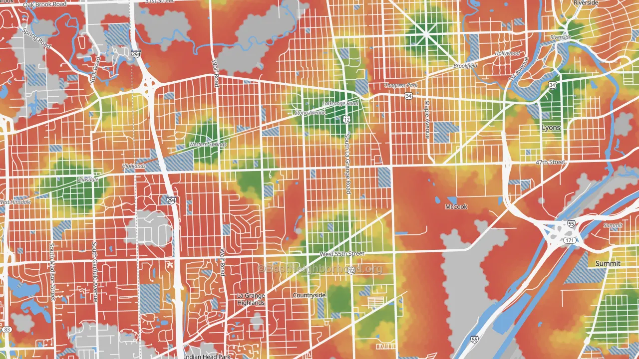 Walk Grade map of La Grange, IL, walkable areas in green and car-dependent areas in red