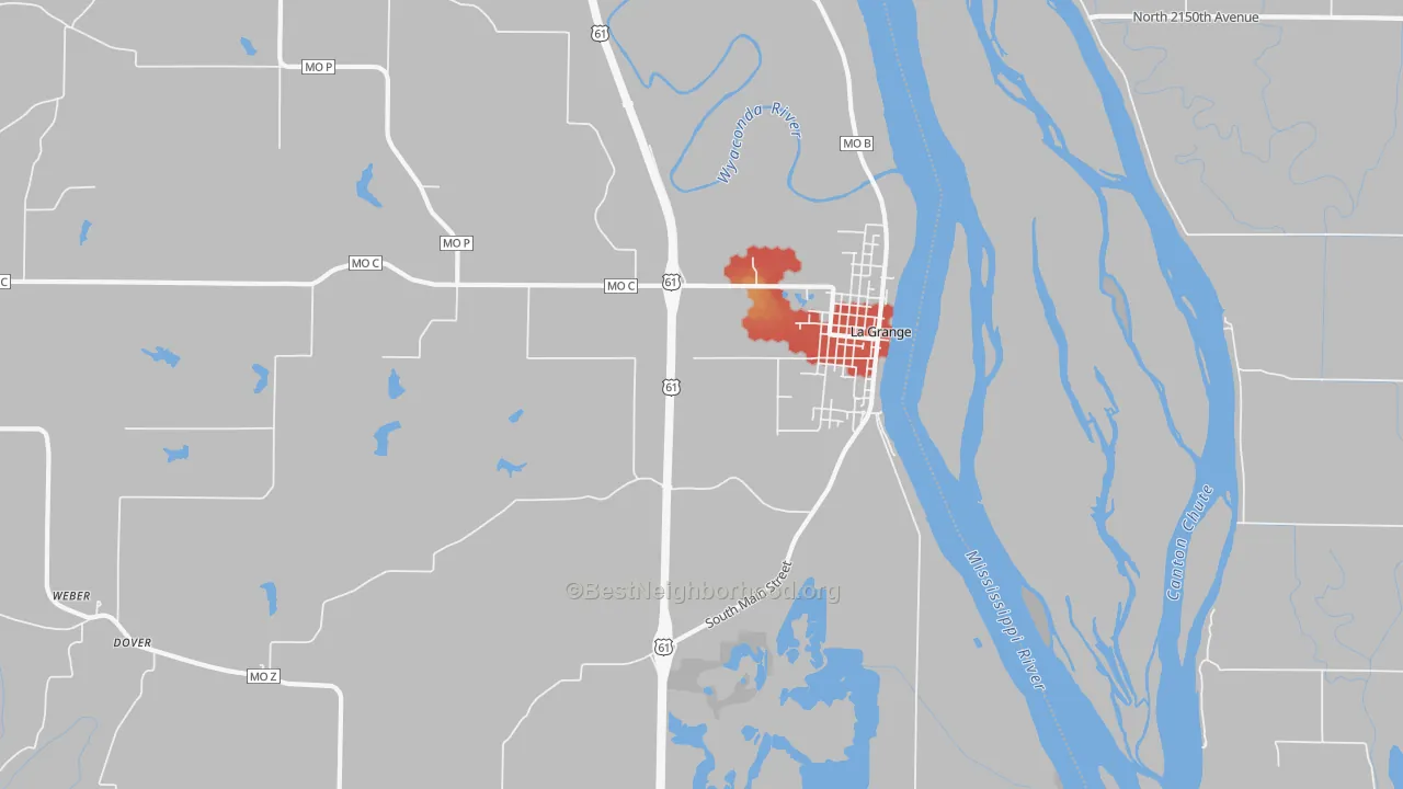 Walk Grade map of La Grange, MO, walkable areas in green and car-dependent areas in red