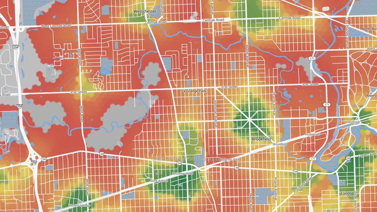 Walk Grade map of La Grange Park, IL, walkable areas in green and car-dependent areas in red