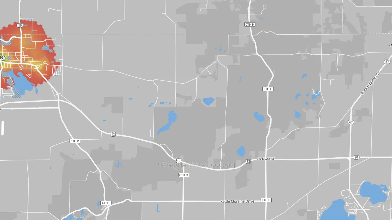 Walk Grade map of La Grange, WI, walkable areas in green and car-dependent areas in red