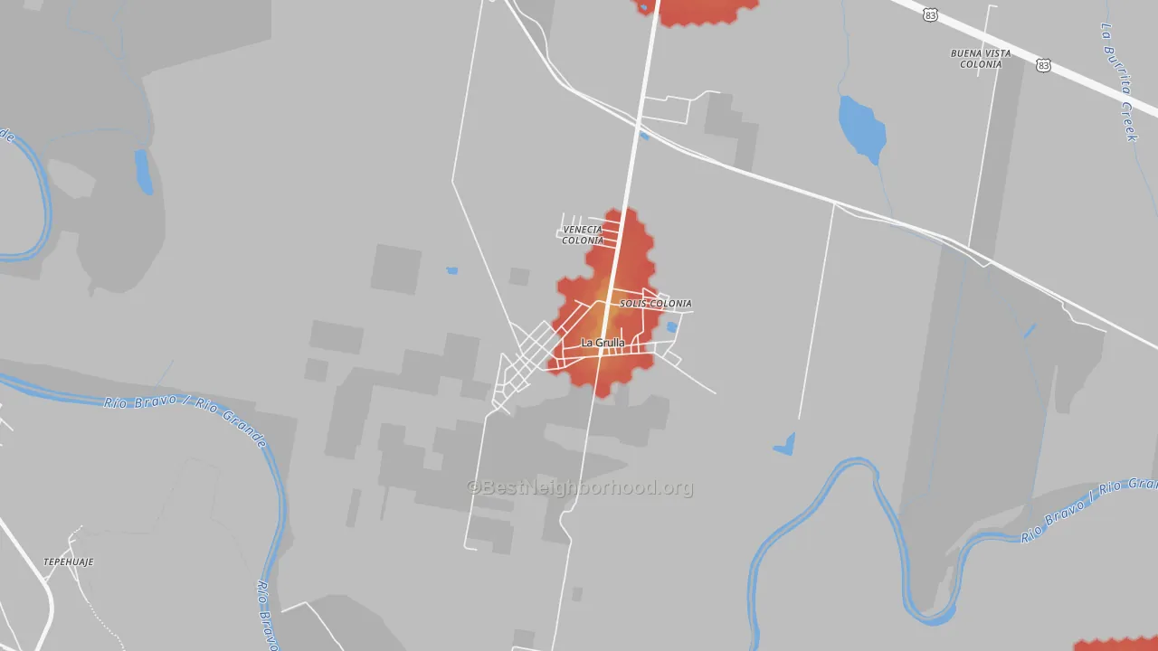 Walk Grade map of La Grulla, TX, walkable areas in green and car-dependent areas in red