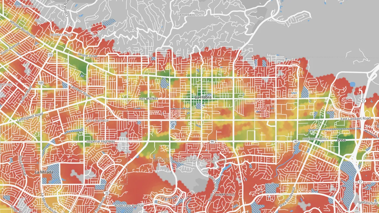 Walk Grade map of La Habra, CA, walkable areas in green and car-dependent areas in red