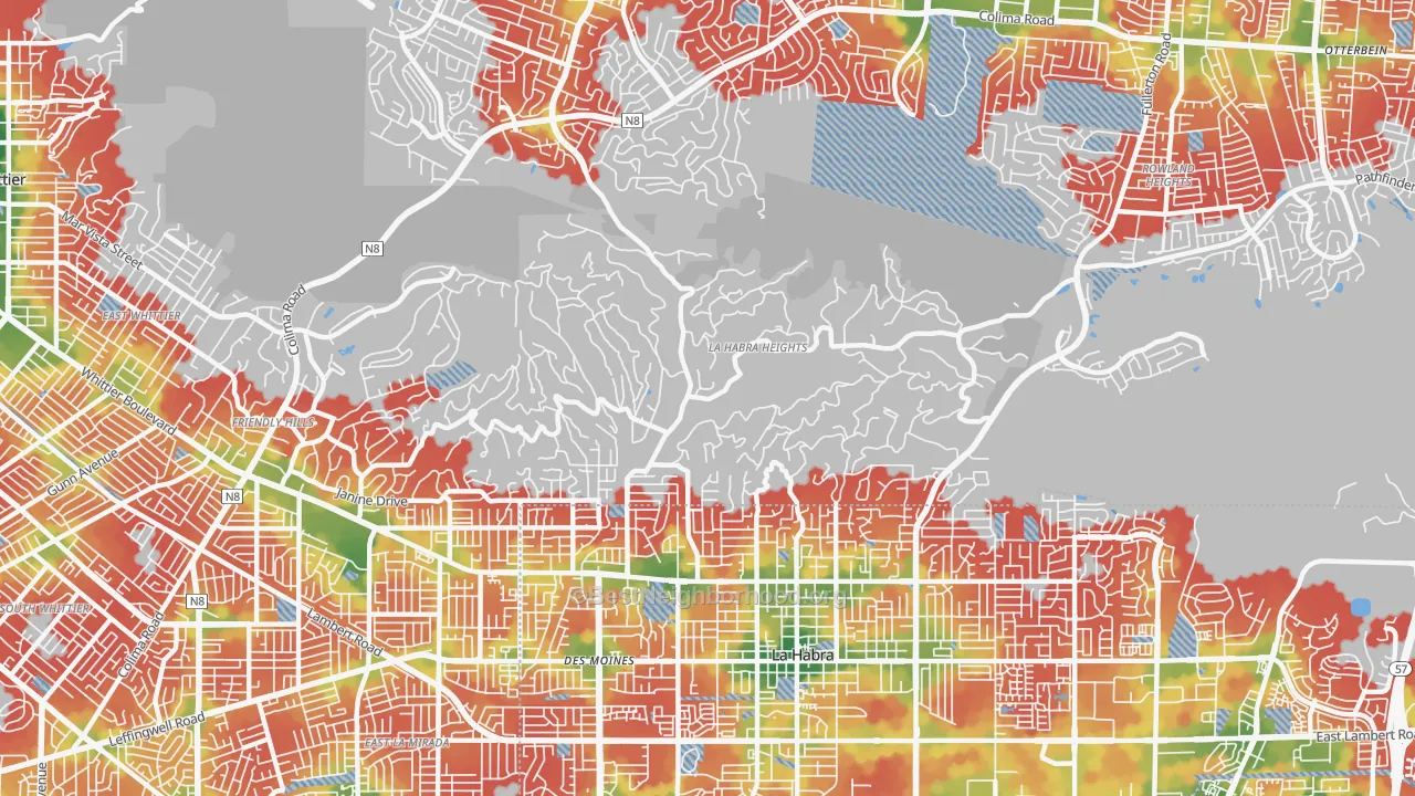 Walk Grade map of La Habra Heights, CA, walkable areas in green and car-dependent areas in red