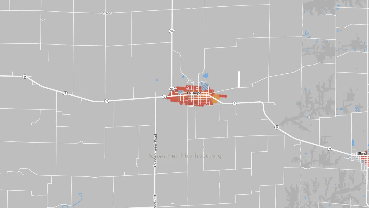 Walk Grade map of La Harpe, IL, walkable areas in green and car-dependent areas in red