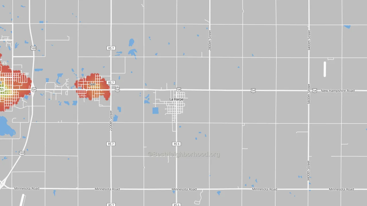 Walk Grade map of La Harpe, KS, walkable areas in green and car-dependent areas in red