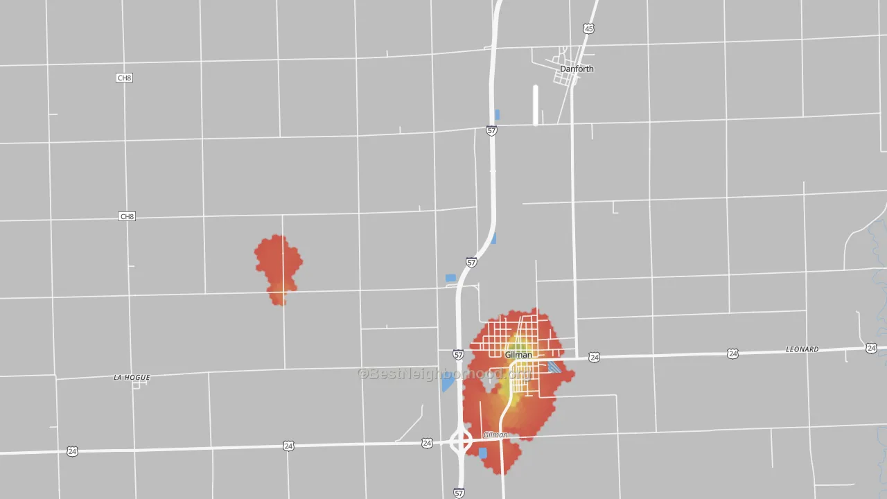 Walk Grade map of La Hogue, IL, walkable areas in green and car-dependent areas in red