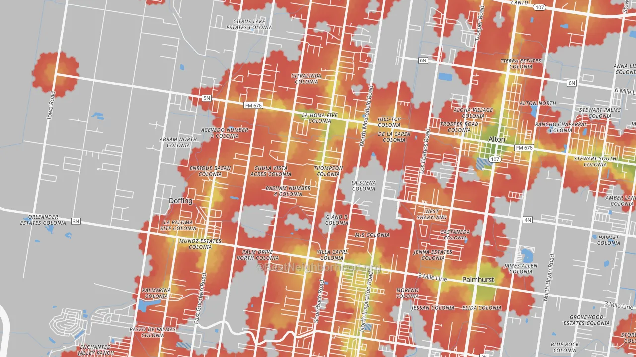 Walk Grade map of La Homa, Mission, TX, walkable areas in green and car-dependent areas in red