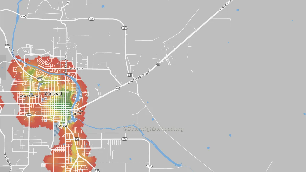 Walk Grade map of La Huerta, NM, walkable areas in green and car-dependent areas in red