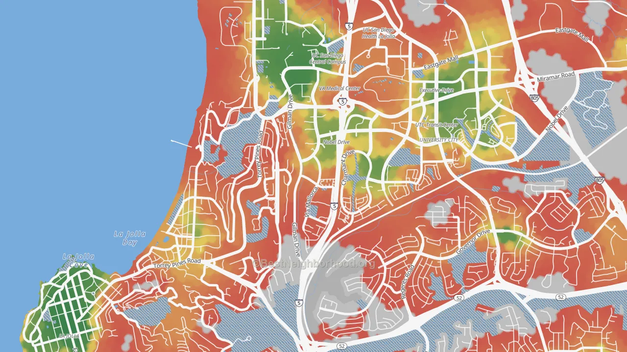 Walk Grade map of La Jolla Village, La Jolla, CA, walkable areas in green and car-dependent areas in red