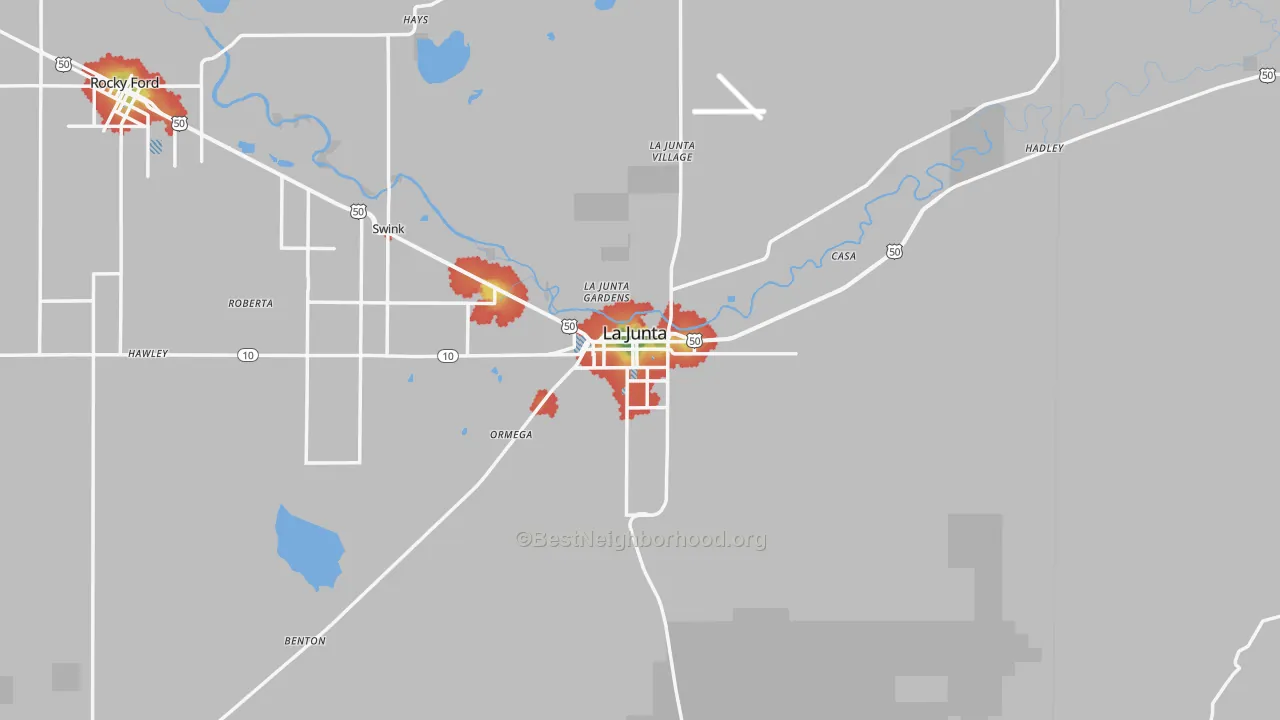 Walk Grade map of La Junta, CO, walkable areas in green and car-dependent areas in red