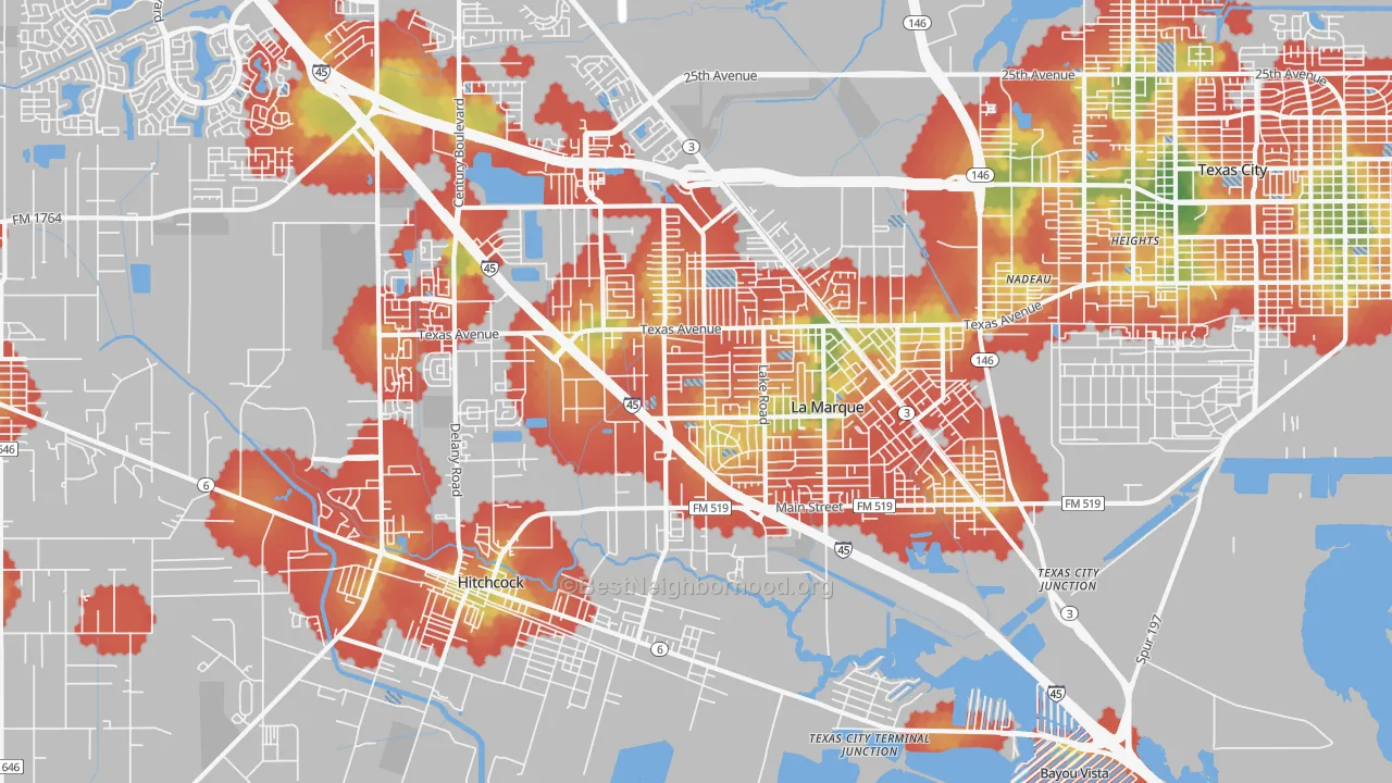 Walk Grade map of La Marque, TX, walkable areas in green and car-dependent areas in red