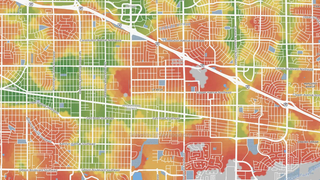 Walk Grade map of La Mesa, Albuquerque, NM, walkable areas in green and car-dependent areas in red