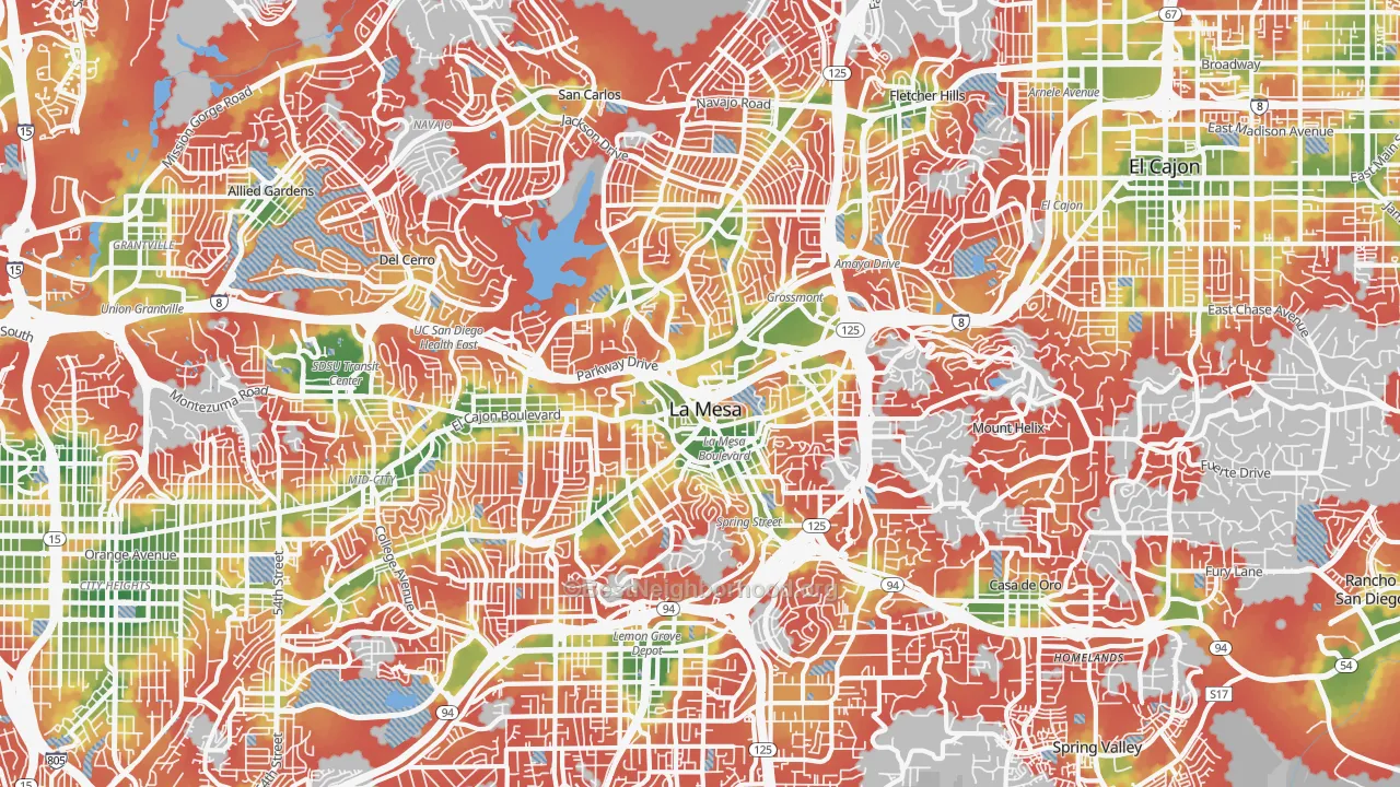 Walk Grade map of La Mesa, CA, walkable areas in green and car-dependent areas in red