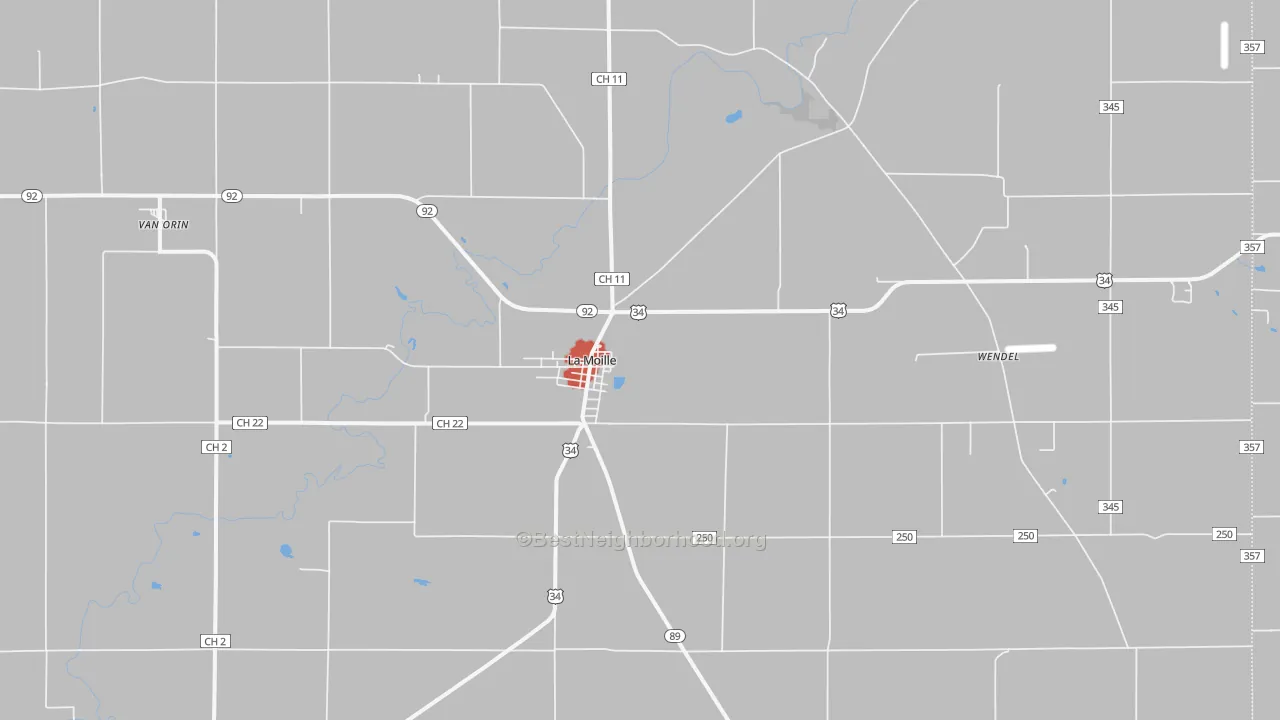 Walk Grade map of La Moille, IL, walkable areas in green and car-dependent areas in red