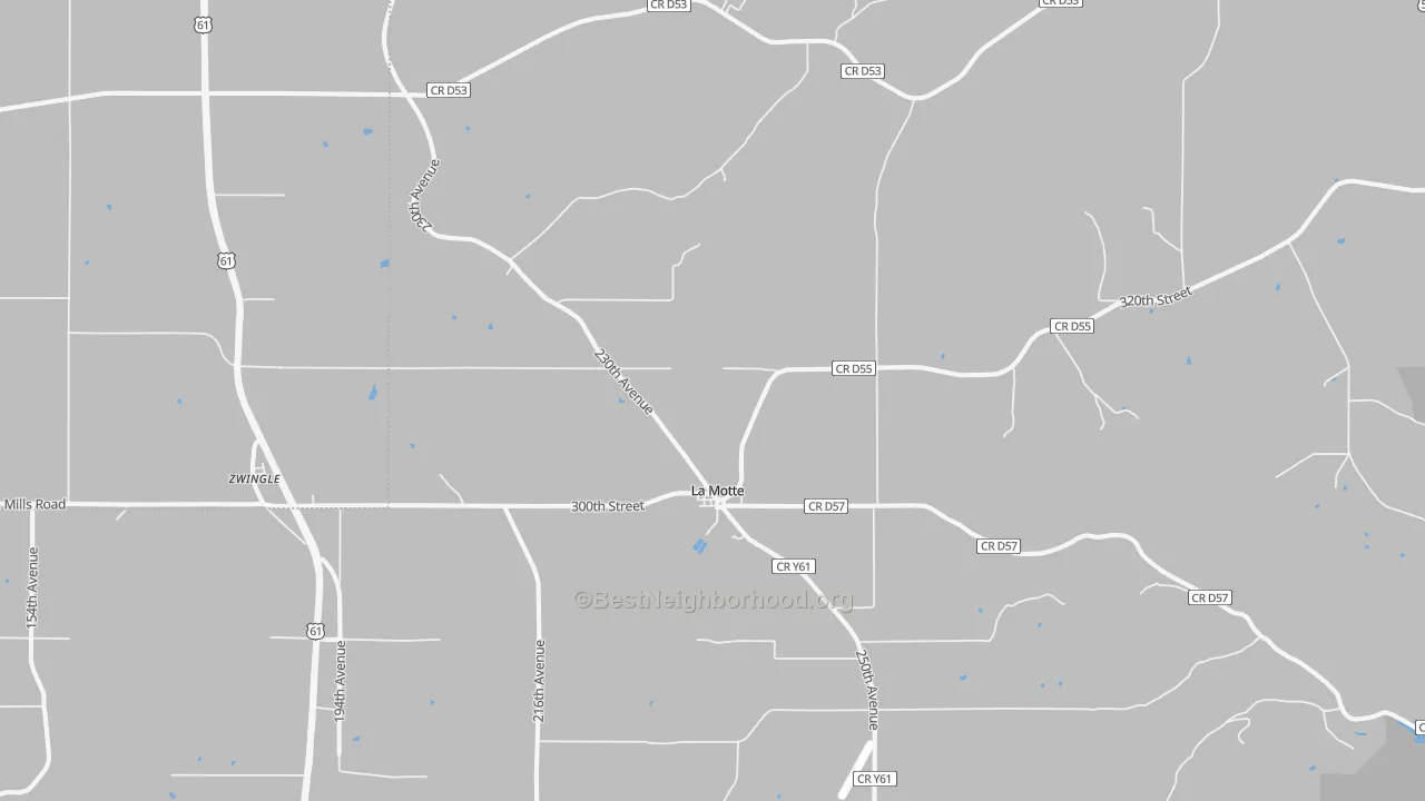 Walk Grade map of La Motte, IA, walkable areas in green and car-dependent areas in red