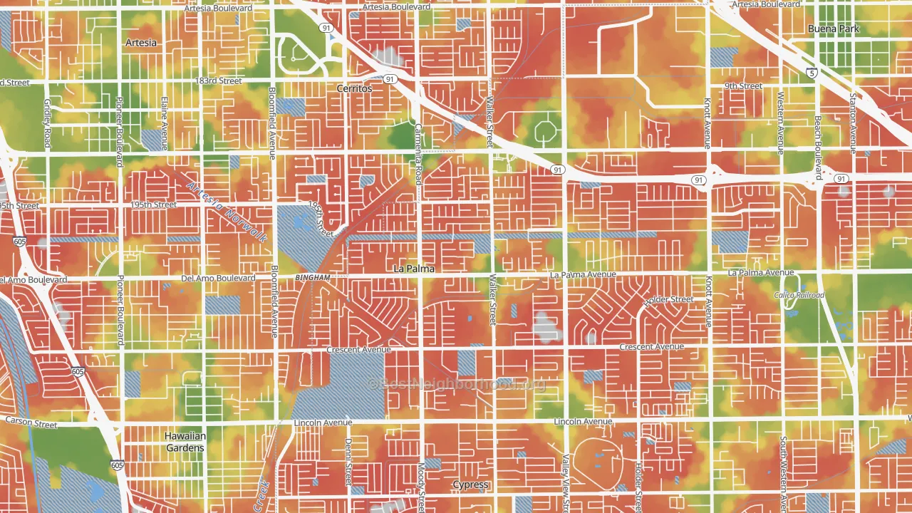 Walk Grade map of La Palma, CA, walkable areas in green and car-dependent areas in red