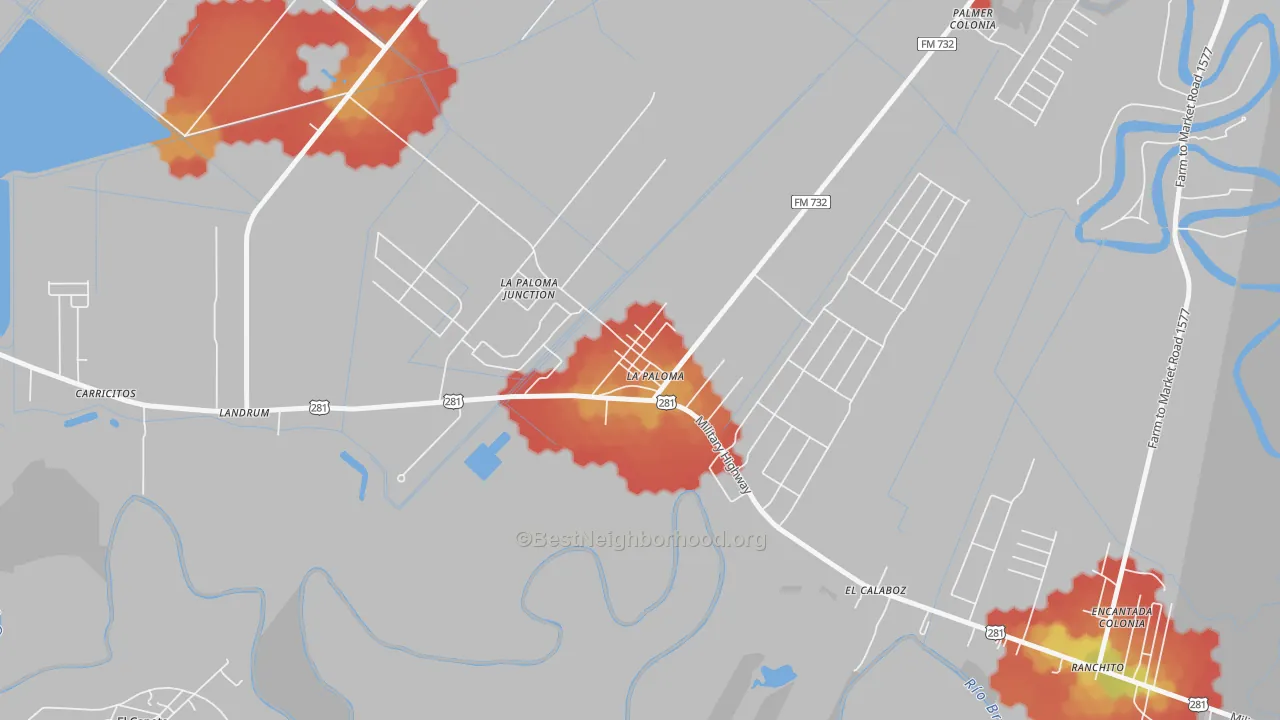 Walk Grade map of La Paloma, TX, walkable areas in green and car-dependent areas in red
