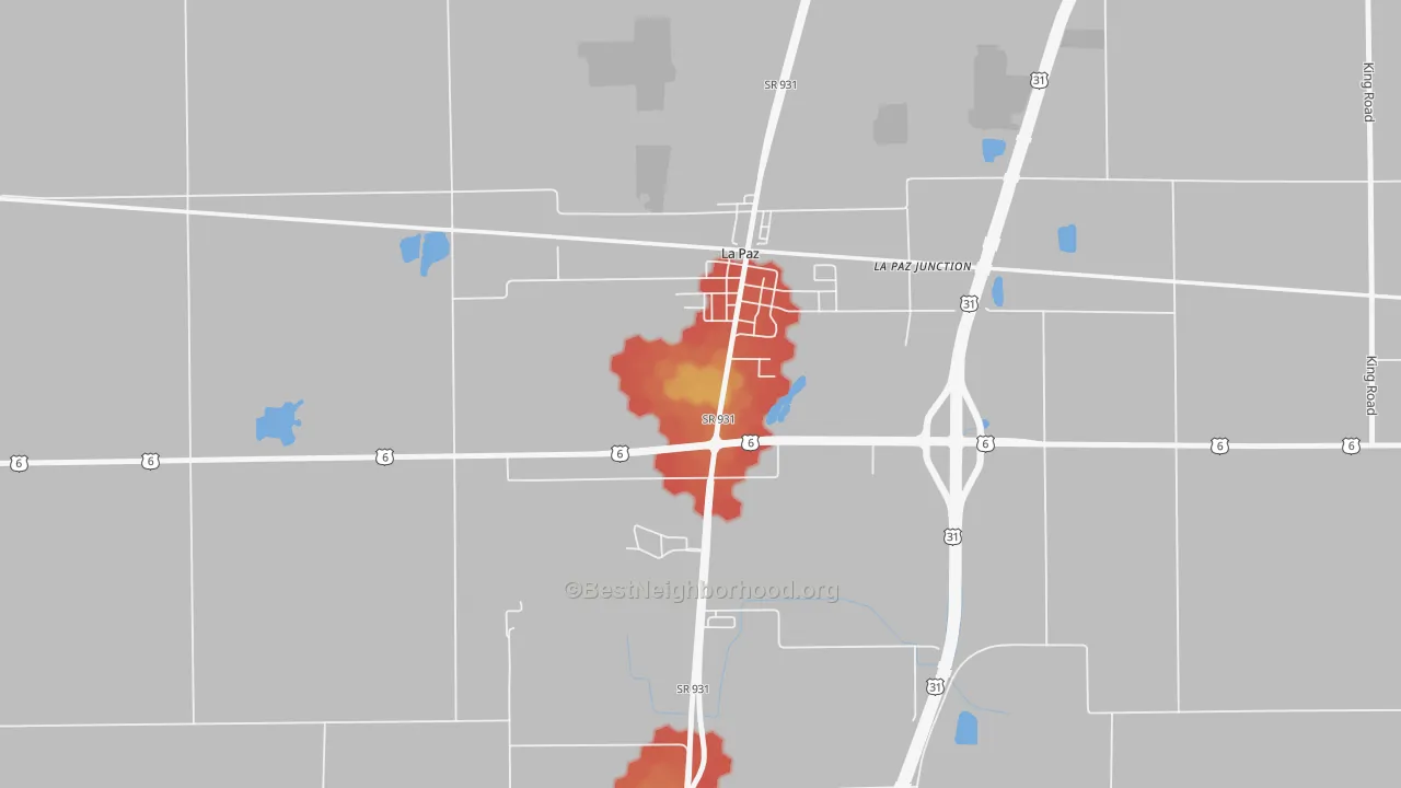 Walk Grade map of La Paz, IN, walkable areas in green and car-dependent areas in red