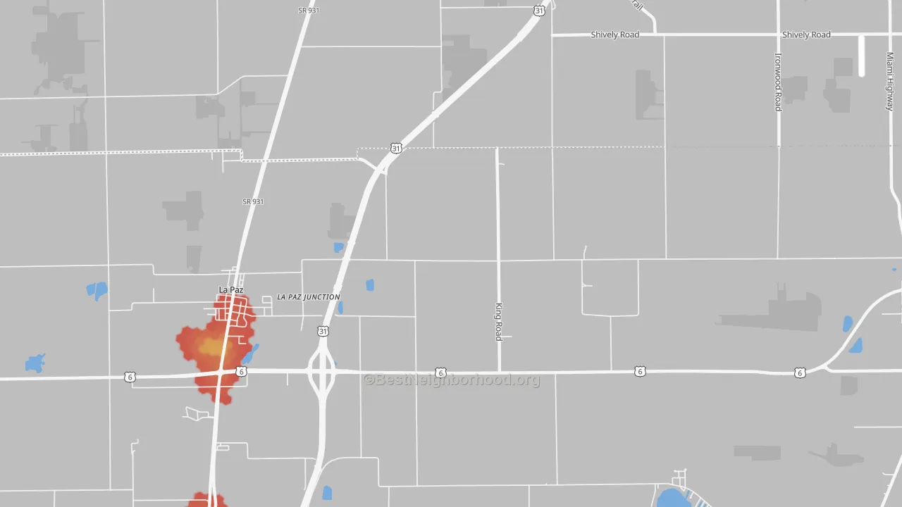 Walk Grade map of La Paz Junction, IN, walkable areas in green and car-dependent areas in red