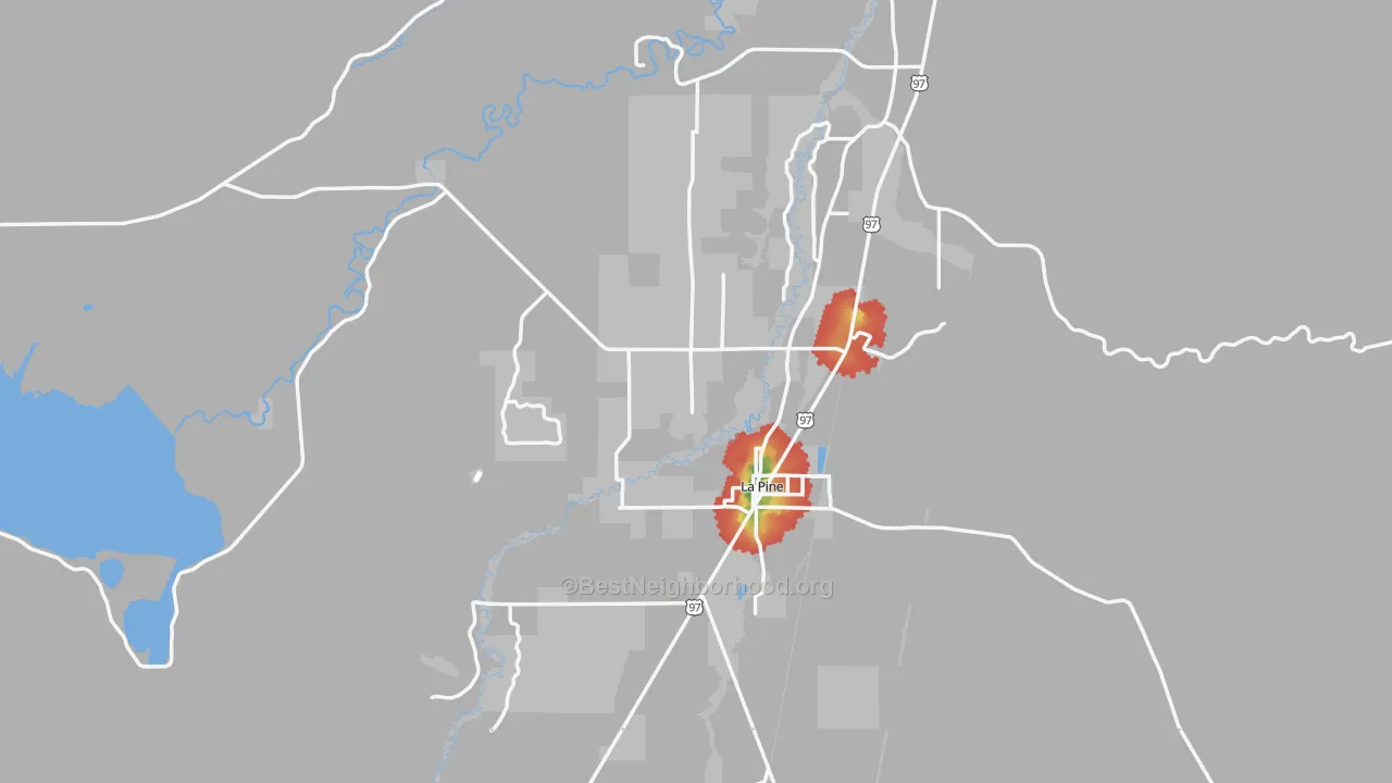 Walk Grade map of La Pine, OR, walkable areas in green and car-dependent areas in red