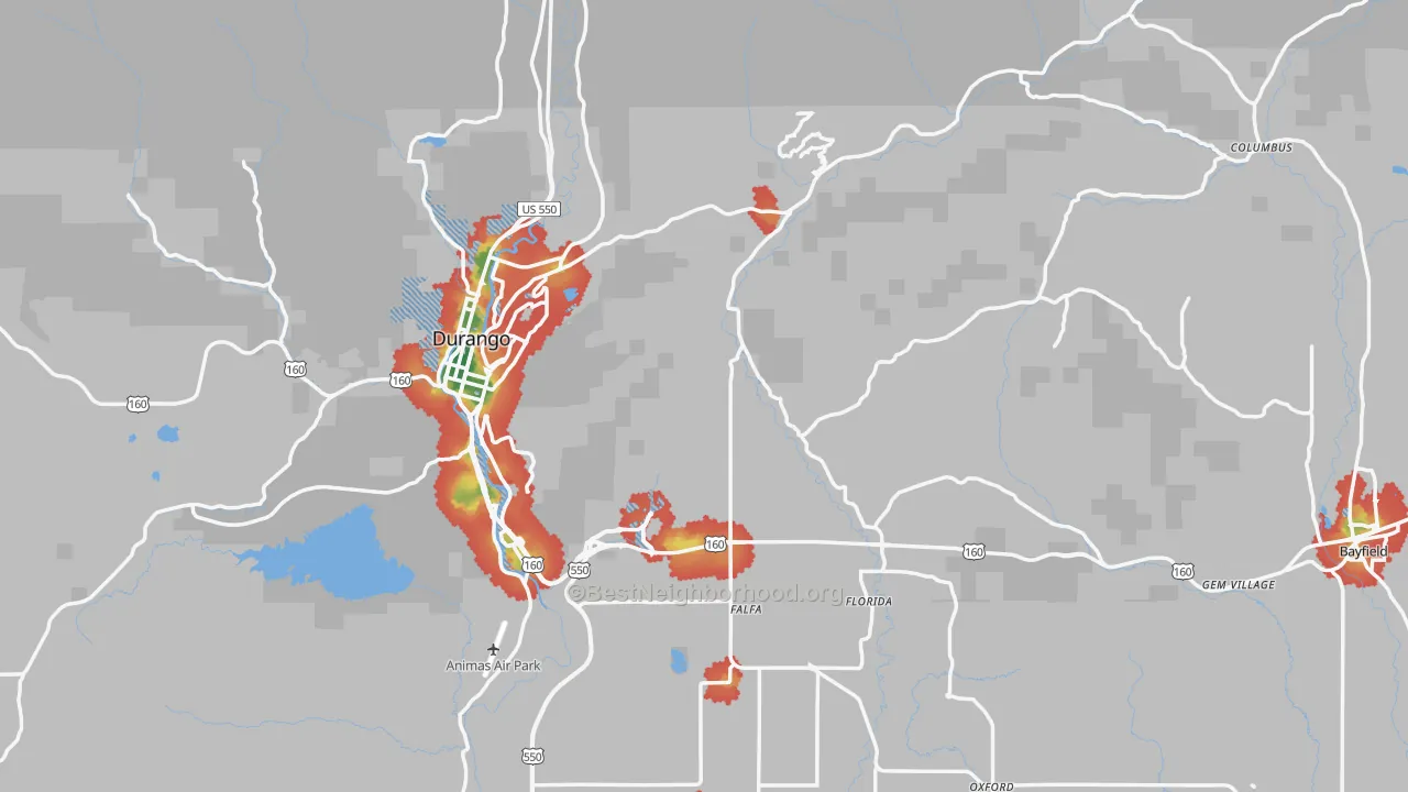 Walk Grade map of La Plata County, CO, walkable areas in green and car-dependent areas in red