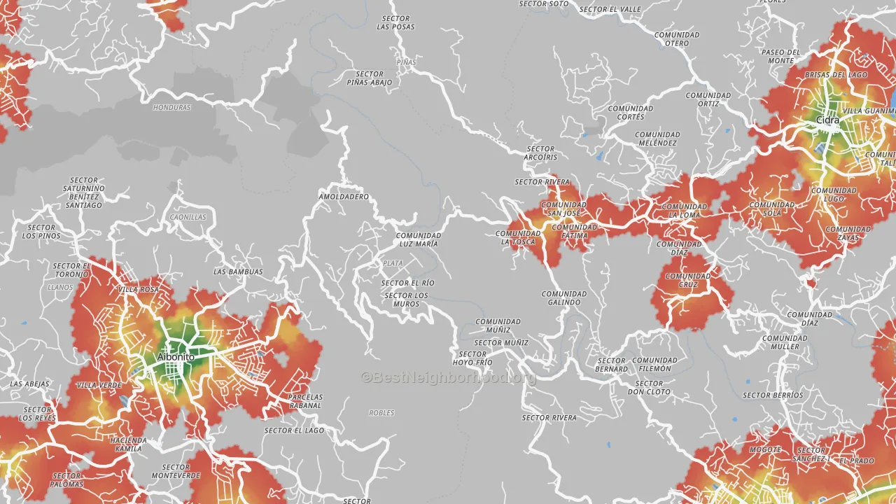Walk Grade map of La Plata, PR, walkable areas in green and car-dependent areas in red