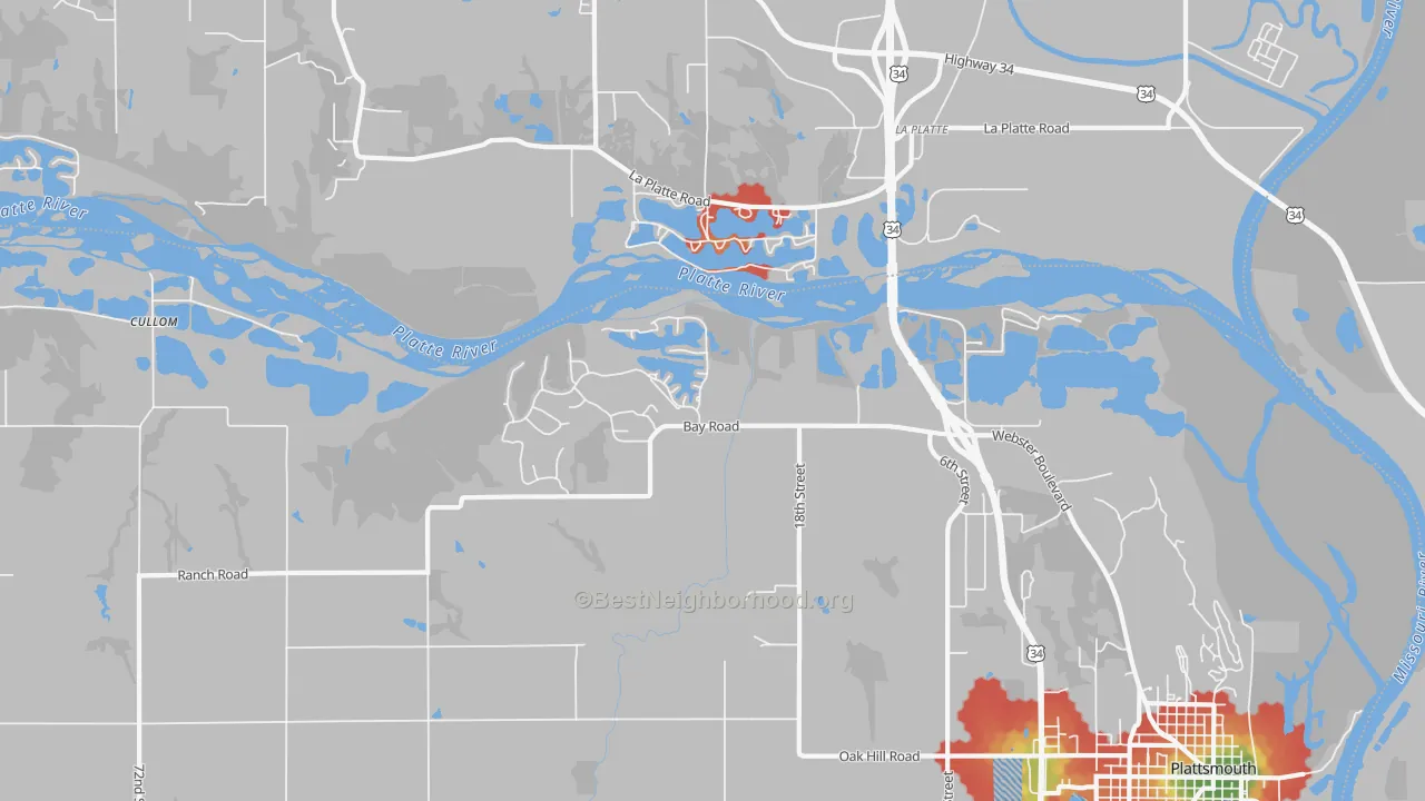 Walk Grade map of La Platte, NE, walkable areas in green and car-dependent areas in red