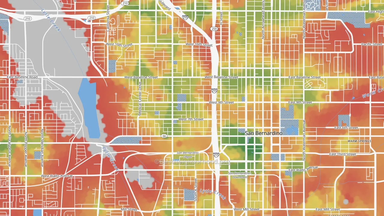 Walk Grade map of La Plaza, San Bernardino, CA, walkable areas in green and car-dependent areas in red