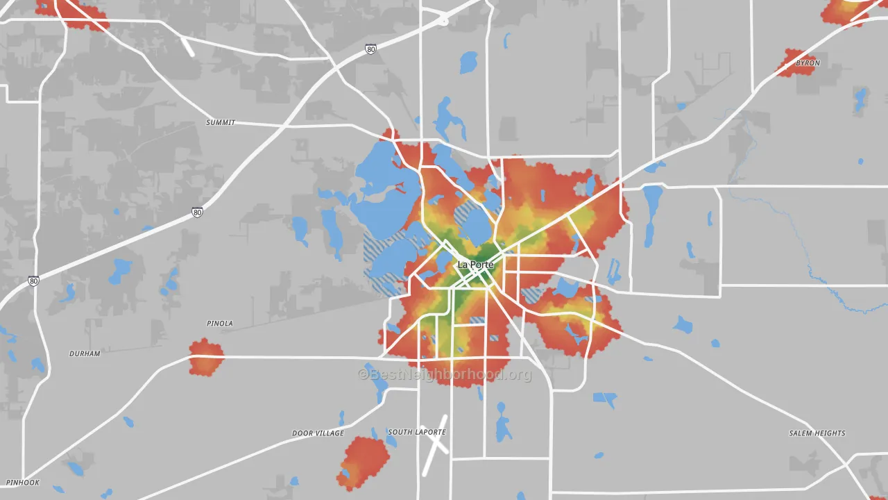 Walk Grade map of La Porte, IN, walkable areas in green and car-dependent areas in red