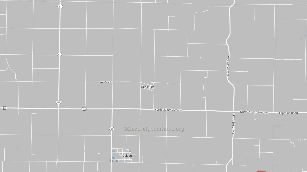 Walk Grade map of La Prairie, IL, walkable areas in green and car-dependent areas in red