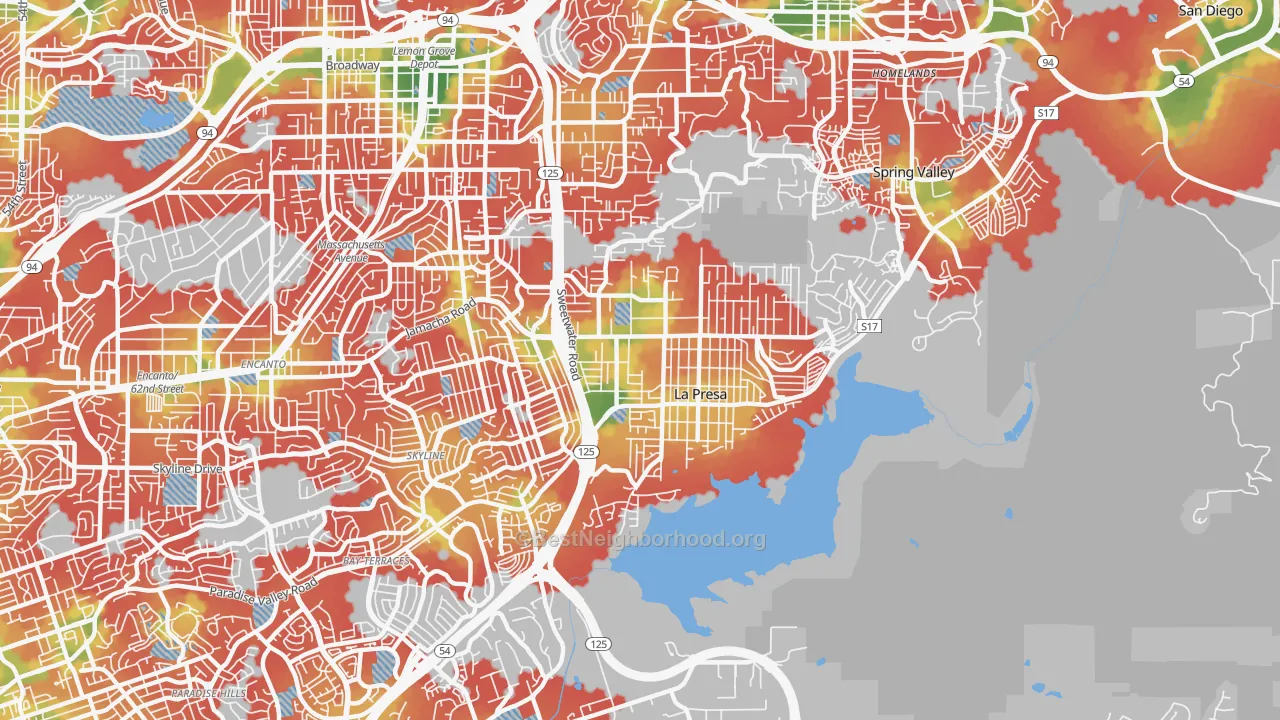 Walk Grade map of La Presa, CA, walkable areas in green and car-dependent areas in red