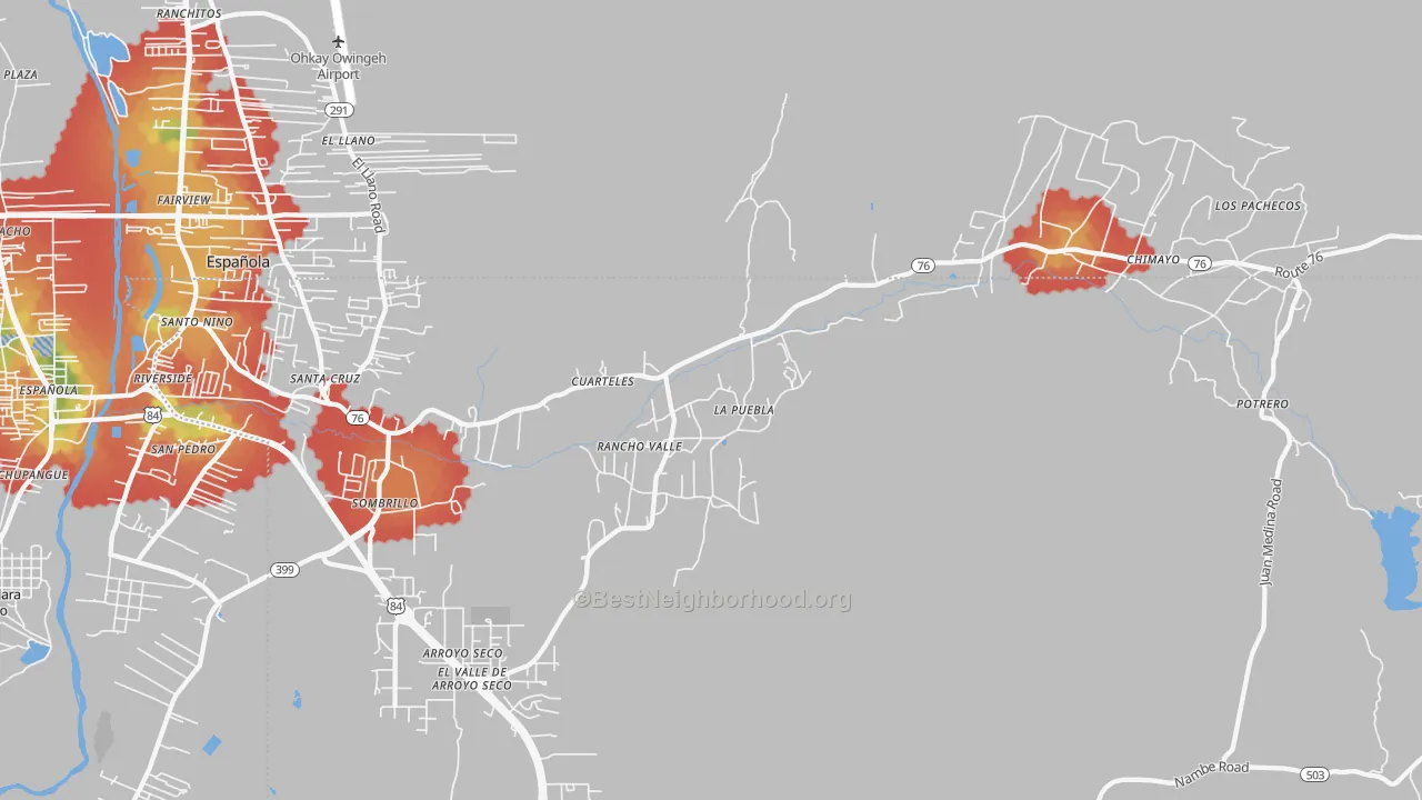 Walk Grade map of La Puebla, NM, walkable areas in green and car-dependent areas in red